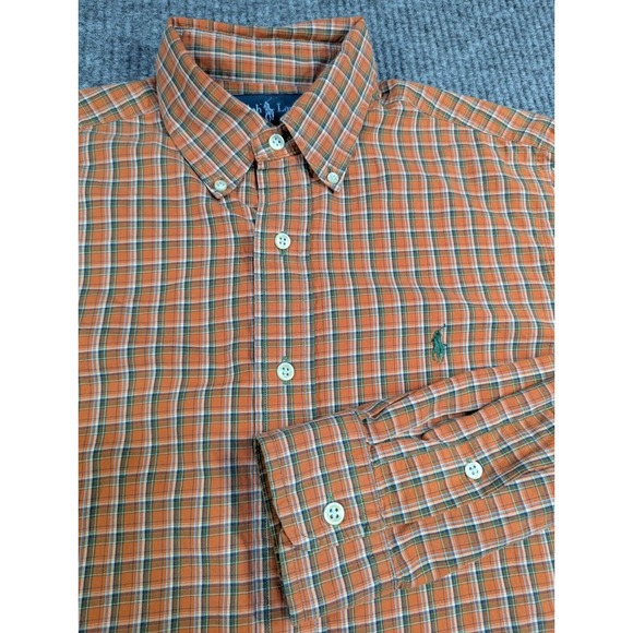 VTG Ralph Lauren Shirt Men Medium Orange Plaid Classic Fit‎ Button Front Oxford - Picture 1 of 10